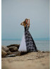 Cap Sleeves Black Lace White Chiffon V Back Wedding Dress